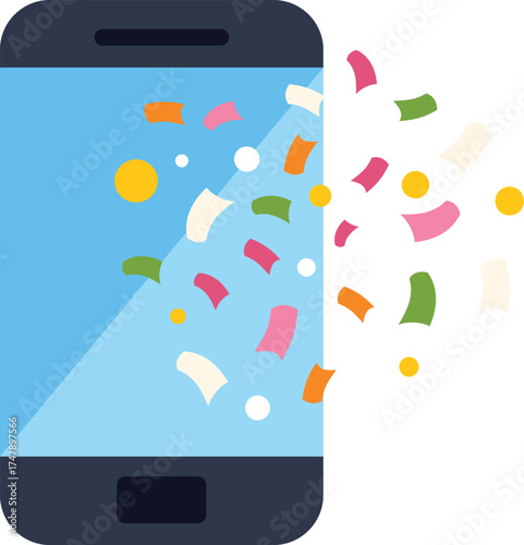Mobile phone screen exploding with confetti and coins, celebrating online achievements, winnings, or special offers