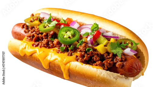 Close-up of a fully loaded hot dog with chili, cheese, and various toppings