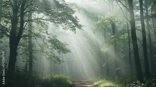 Serene forest path with sunlight rays streaming through trees  