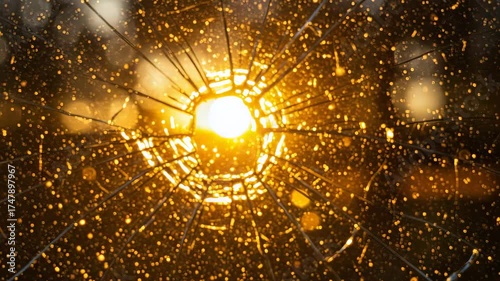 Sunlight shining through a spider web in a golden glow  