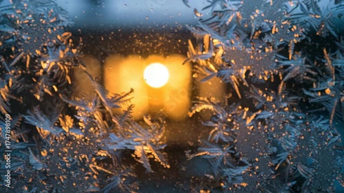 Frosted window with snowflakes and warm light glowing inside  