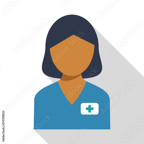 Flat design icon of a healthcare professional, possibly a doctor or nurse, wearing a medical uniform and badge, representing healthcare services and medical staff
