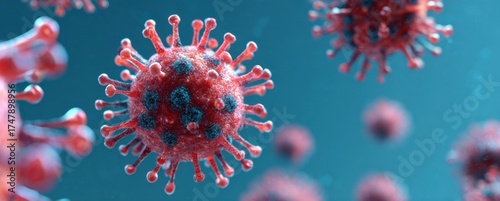 Close-up of a virus particle with spike proteins floating in a blue