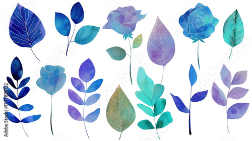 
Watercolor clipart of simple hand-drawn leaves and roses in various shades of blue, purple, and green on a white background