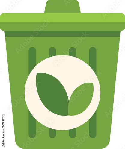 Green composting bin with leaf symbol encouraging eco friendly disposal of organic materials