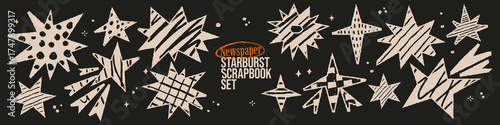 Vintage newspaper clipping starburst set. Retro cutout scrapbook stars with jagged edges, doodles, rough chalk strokes texture and crayon pencil scribbles pattern. Collage paper stickers.
