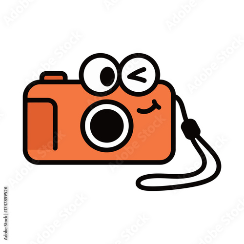 Cute Orange Digital Camera Winking Cartoon Character Vector Illustration