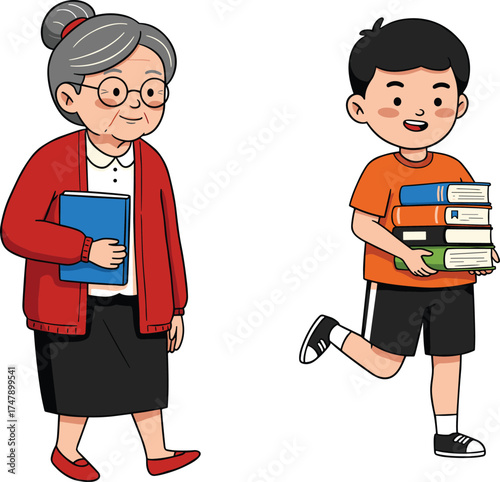 Cartoon elderly woman and young boy carrying books, educational vector illustration showing intergenerational learning, reading, school, and library themes
