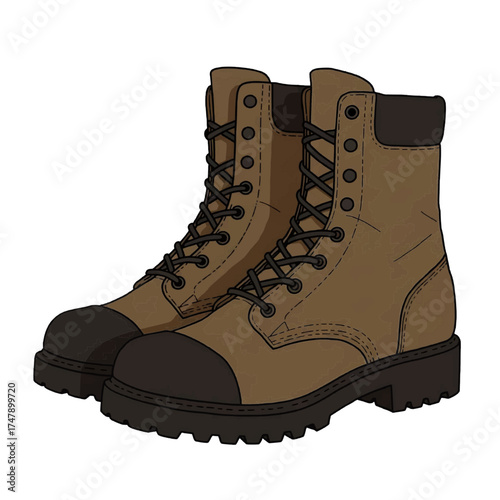 Pair of brown leather work boots, simple hand-drawn illustration, brown black beige, hiking and utility