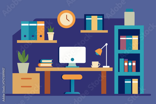 Illustration of a workspace with desk and computer