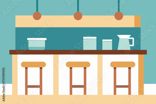 Interior view of a counter with stools and objects