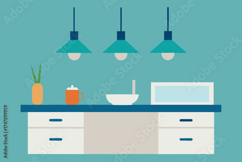 Illustration of kitchen counter with teal accents