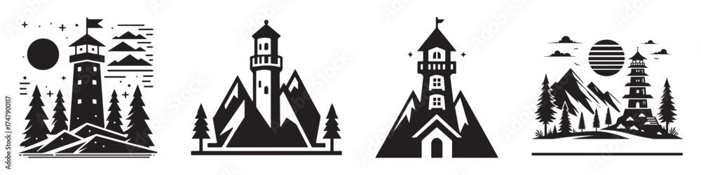 Obraz premium Nature Landscape Outdoor Mountain Lighthouse Icon, Flat Silhouette of an Outdoor Scenery Vector for Adventure Illustration Design