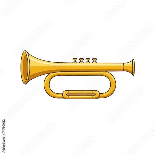 Shiny golden trumpet musical instrument, detailed cartoon drawing, yellow gold brown, music and celebration