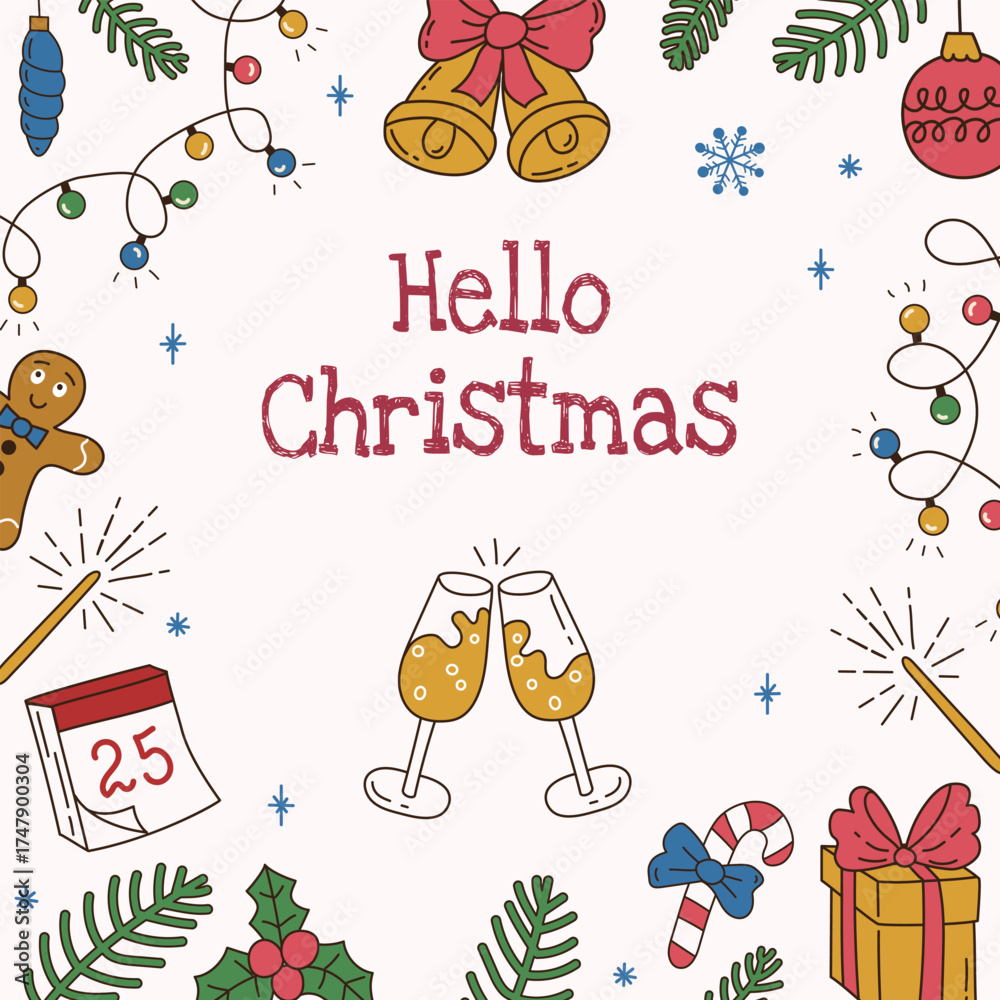 Obraz premium Greeting square card with doodle elements and text Hello Christmas on white background. Flat vector illustration. Creative solution for social media, poster, invitation, cover