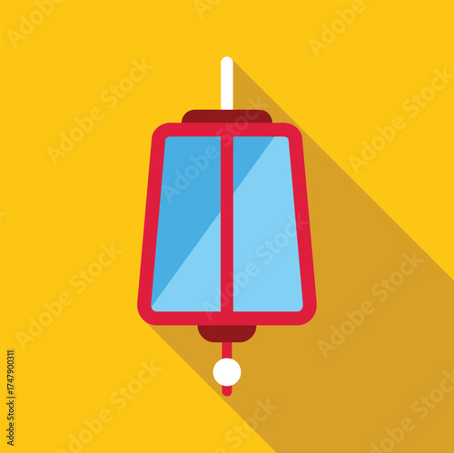 Minimalist flat design funicular icon with long shadow on yellow background, representing a cable car hanging from a cable