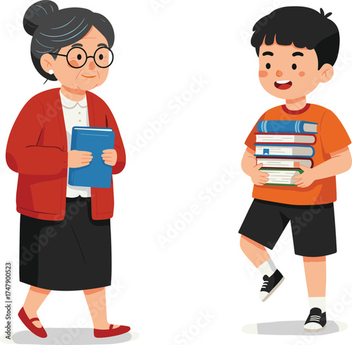 Cartoon elderly woman and young boy with books, educational vector illustration showing intergenerational learning, school, library, and reading themes