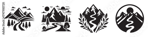 Nature Landscape Outdoor Mountain Trail Icon, Flat Silhouette of an Outdoor Scenery Vector for Adventure Illustration Design
