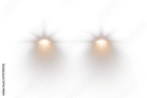 Cars light effect. White glow car headlight bright beams ray isolated on transparent background	
