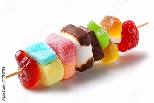 Colorful gummy candy skewer on white background