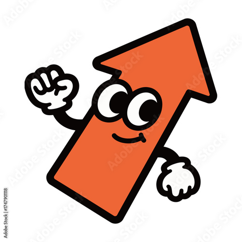 Happy Upward Arrow Sign Character Waving Cartoon Vector Illustration