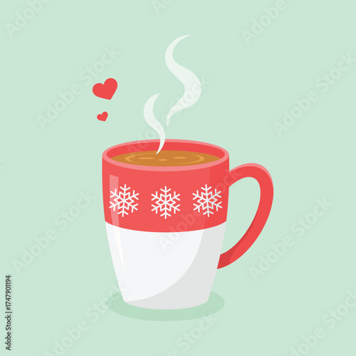 A cute red and whit mug with snowflakes pattern filled with hot drink. Christmas cup vector illustration.