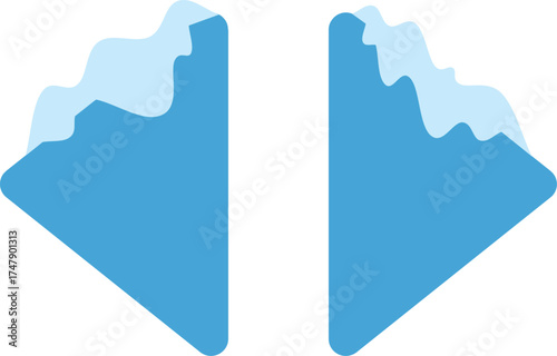 Minimalist illustration of two melting icebergs with snow on top, representing global warming and climate change