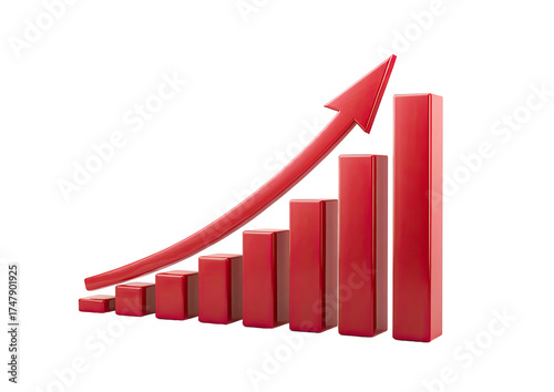Red upward graph bar chart & arrow shows positive progress