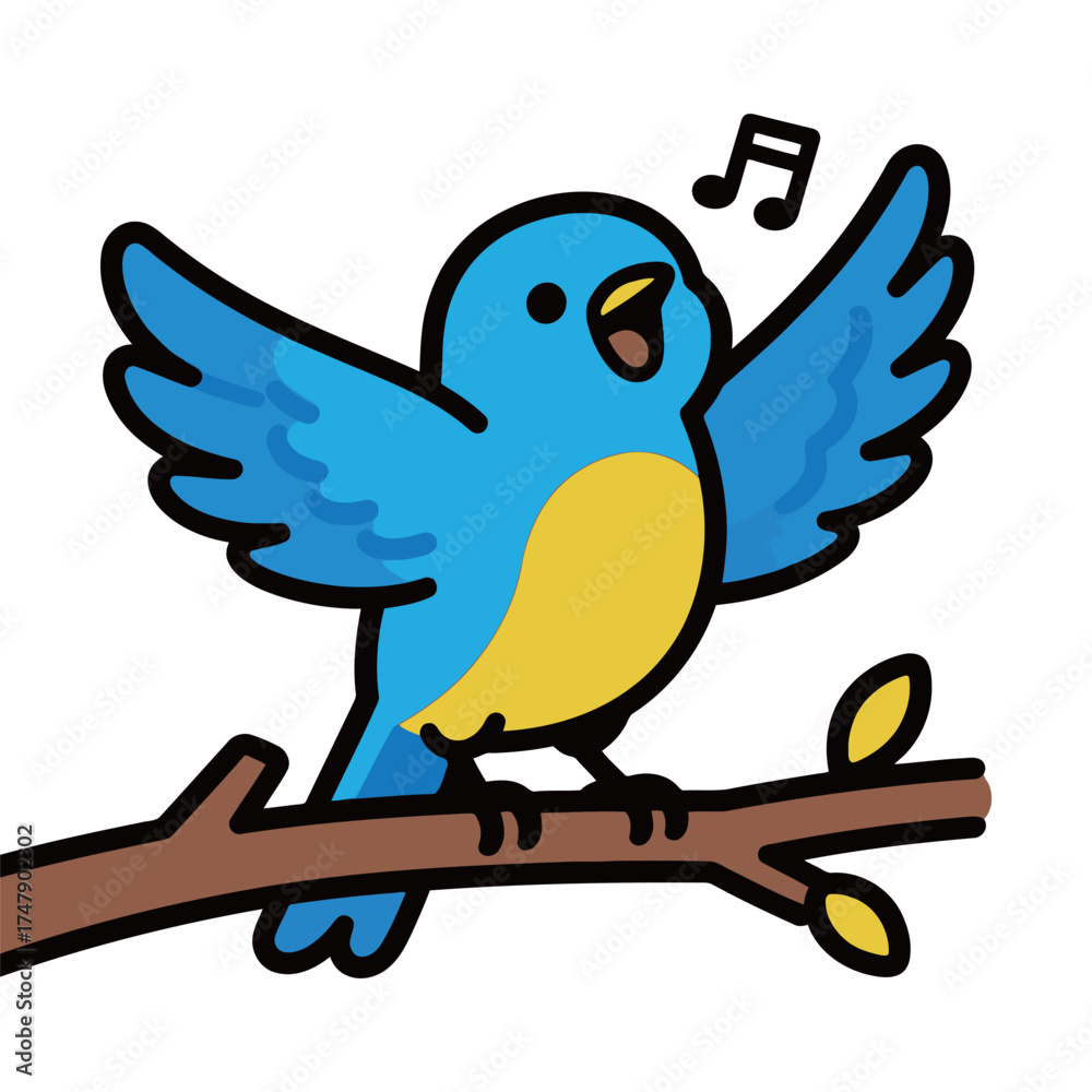 Fototapeta premium Singing Blue Bird on Branch Cartoon Vector Illustration