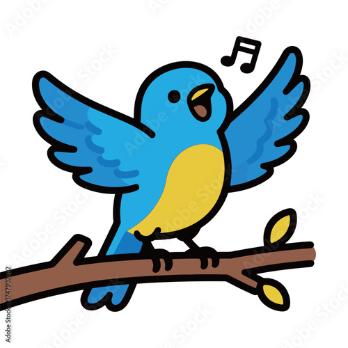 Singing Blue Bird on Branch Cartoon Vector Illustration