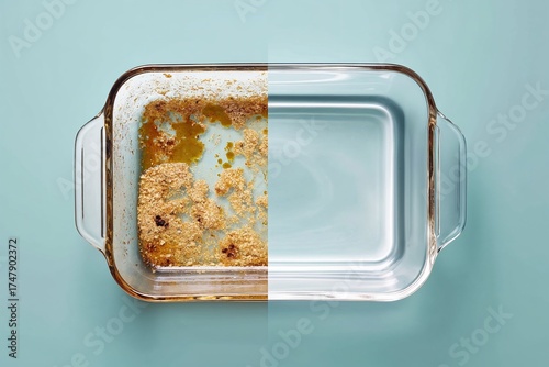 Dirty and clean glass baking dish on pastel blue background
