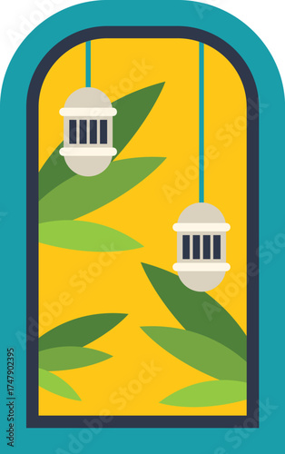 Ornamental arched window framing hanging lanterns and tropical leaves, celebrating islamic holidays
