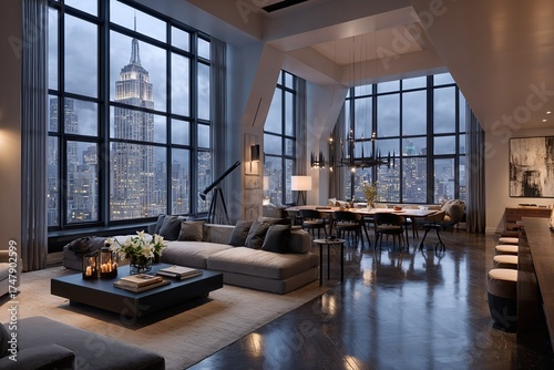 Modern luxury apartment with city view at night