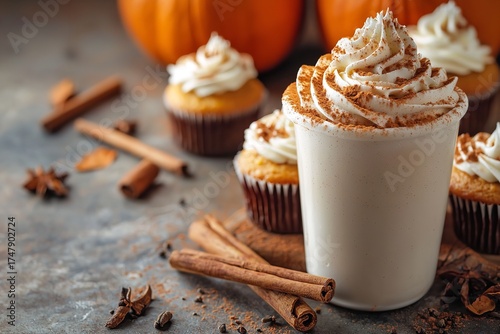 Fototapeta Naklejka Na Ścianę i Meble -  Autumn Pumpkin Spice Latte and Cupcakes with Cinnamon Sticks, Generative AI.