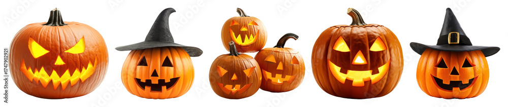 Fototapeta premium PNG Glowing carved pumpkins display, element set on transparent background