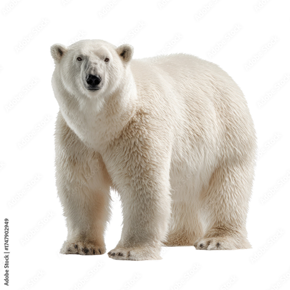 Fototapeta premium A majestic polar bear with thick white fur stands confidently, looking directly forward against a plain transparent background, highlighting its powerful presence. background removed