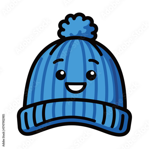 Cute Happy Blue Winter Knit Hat with Pom Pom Cartoon Vector Illustration