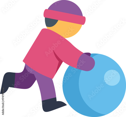 Winter scene with child rolling large snowball, preparing to build a snowman, enjoying outdoor playtime