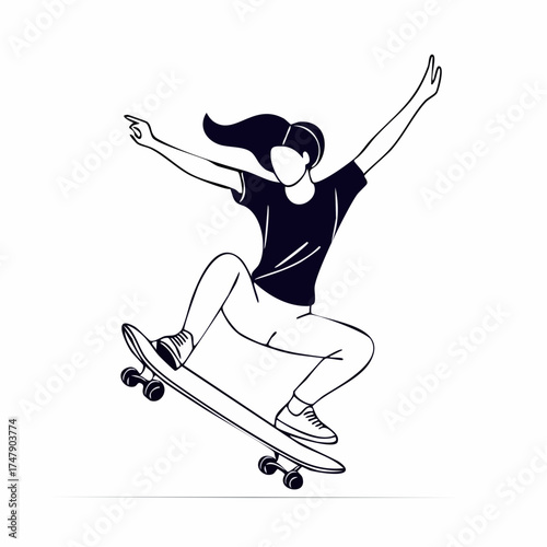 young girl skateboard player silhouettes are dynamic vector illustrations of athlete action in sport