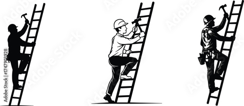 Silhouette worker climbing ladder, construction man with hammer, safety gear, helmet, tool belt, labor action, occupational illustration, black white drawing
