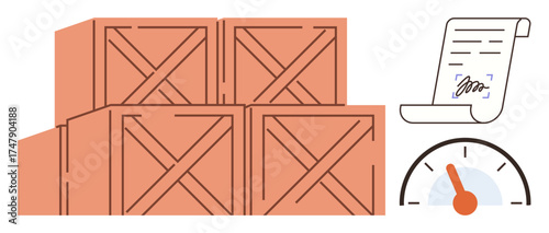 Wooden crates stacked in an organized manner, a signed contract, and a speedometer indicating performance. Ideal for logistics, shipping, supply chain, warehouse, productivity, efficiency
