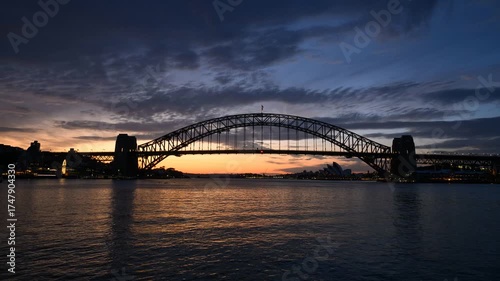 timelapse Sydney harbour bridge at sunrise dawn, iconic Australia travel destination, cruise ship arrival, holiday vacation tourism 