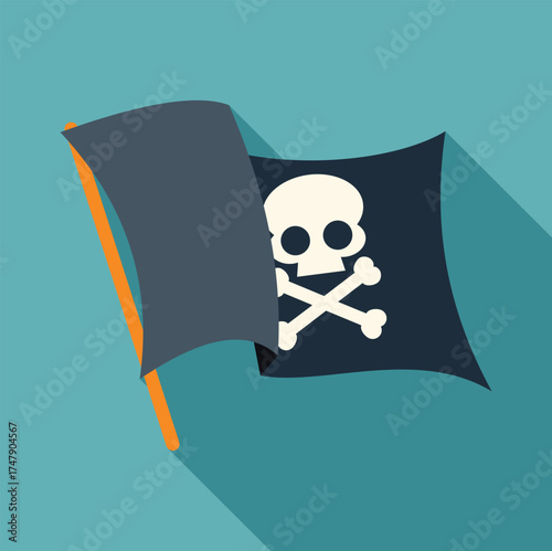Waving pirate flag with skull and crossbones on turquoise background representing piracy, danger, and rebellion