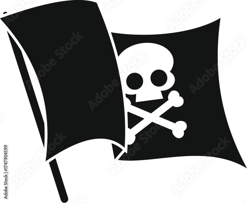 Black pirate flag waving, featuring a skull and crossbones, symbolizing piracy, danger, and rebellion