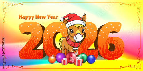 Vector 3D holiday poster. 2026 is Year of fire Horse. Merry Christmas and Happy New Year. Funny cute little orange toon pony wearing Santa hat and red scarf. Glass colored balls and gift boxes