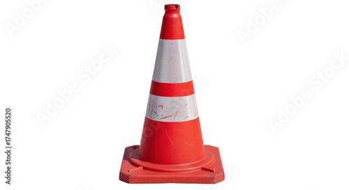 Isolated red and white traffic cone warning device protects roadside construction sites