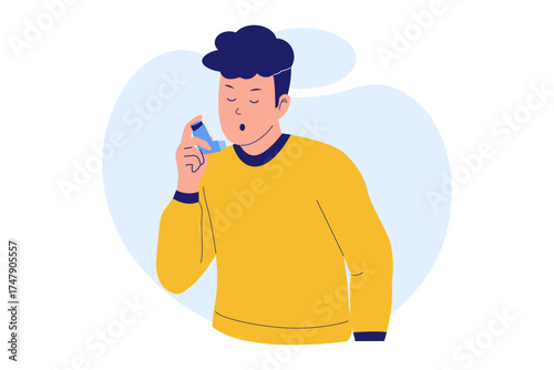 Illustration of a Man Asthma Attack and Inhaler Use. Person Using a Puffer to Treat a Respiratory Crisis and Breathing Difficulty