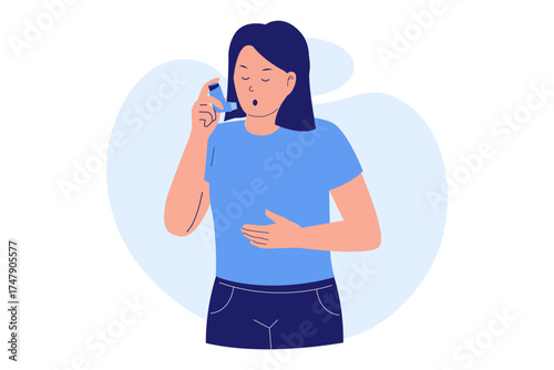 Illustration of a Woman Asthma Attack and Inhaler Use. Person Using a Puffer to Treat a Respiratory Crisis and Breathing Difficulty