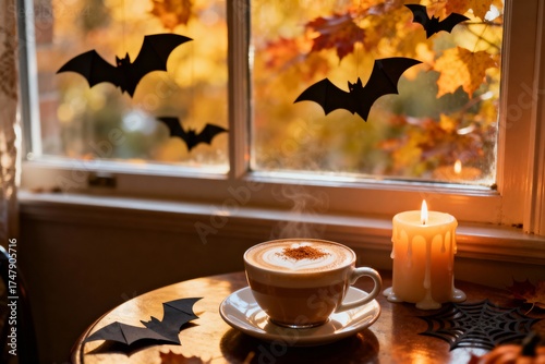 Autumn Window with Bats and Coffee Cup