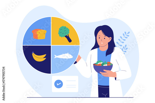 Illustration of Nutritionist and Healthy Eating Plan. Professional Doctor Holding a Food Chart and Promoting Balanced Diet
